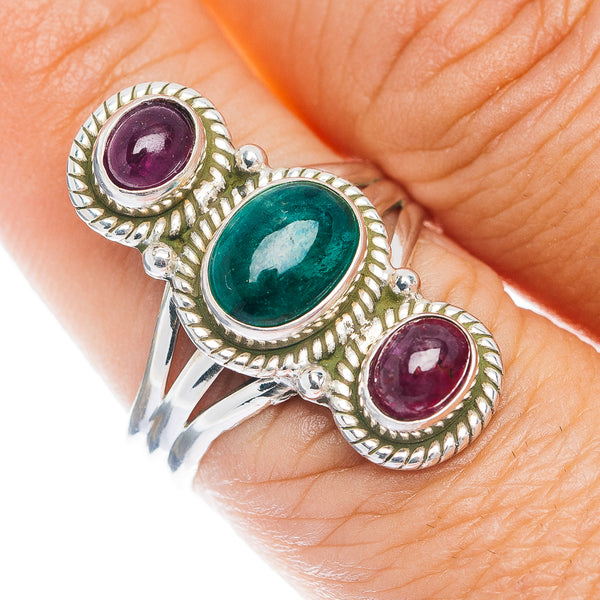 Zambian Emerald, Burmese Ruby Ring Size 9 (.925 Sterling Silver)