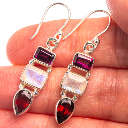 Rainbow Moonstone, Garnet, Pink Quartz Earrings 1 1/2" (925 Sterling Silver) E432380