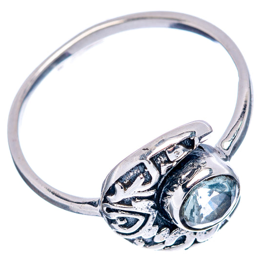 Sterling silver blue topaz moon ring with round gemstone and detailed side engraving