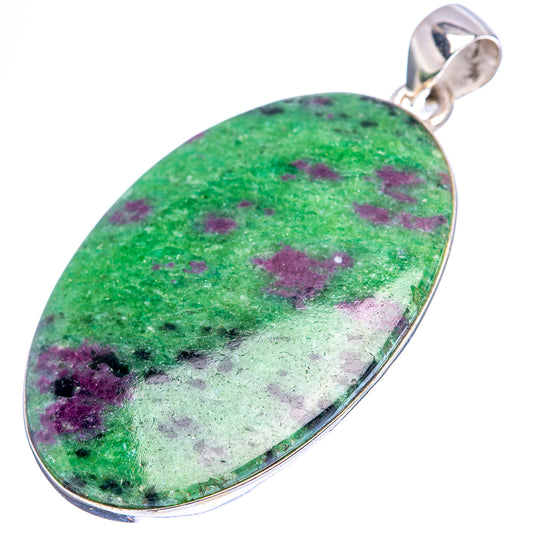 Ruby zoisite pendant, teardrop green cabochon with purple flecks, silver bail