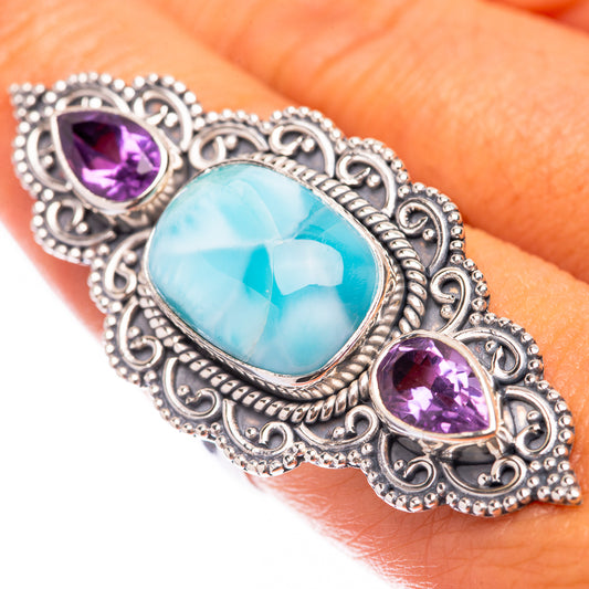 Large Larimar, Amethyst 925 Sterling Silver Ring Size 8 (925 Sterling Silver) RING140373