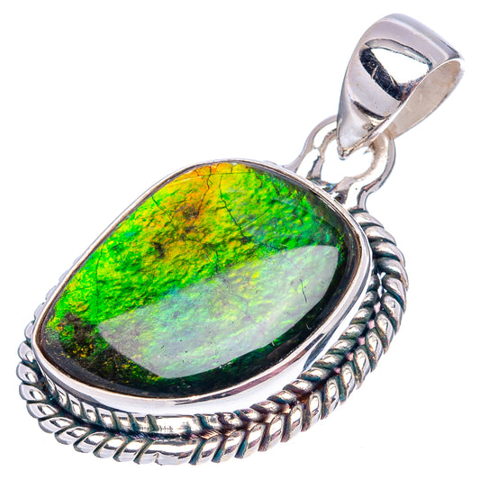 Sterling silver oval ammolite pendant with bale, textured rope border and green sheen