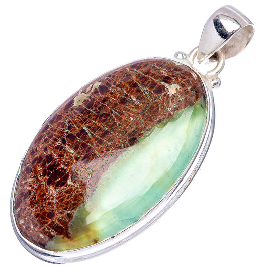 Oval boulder chrysoprase pendant in .925 sterling silver, green center over brown matrix