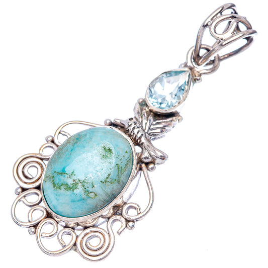 Hummingbird pendant with oval blue-green stone and .925 sterling silver scroll setting