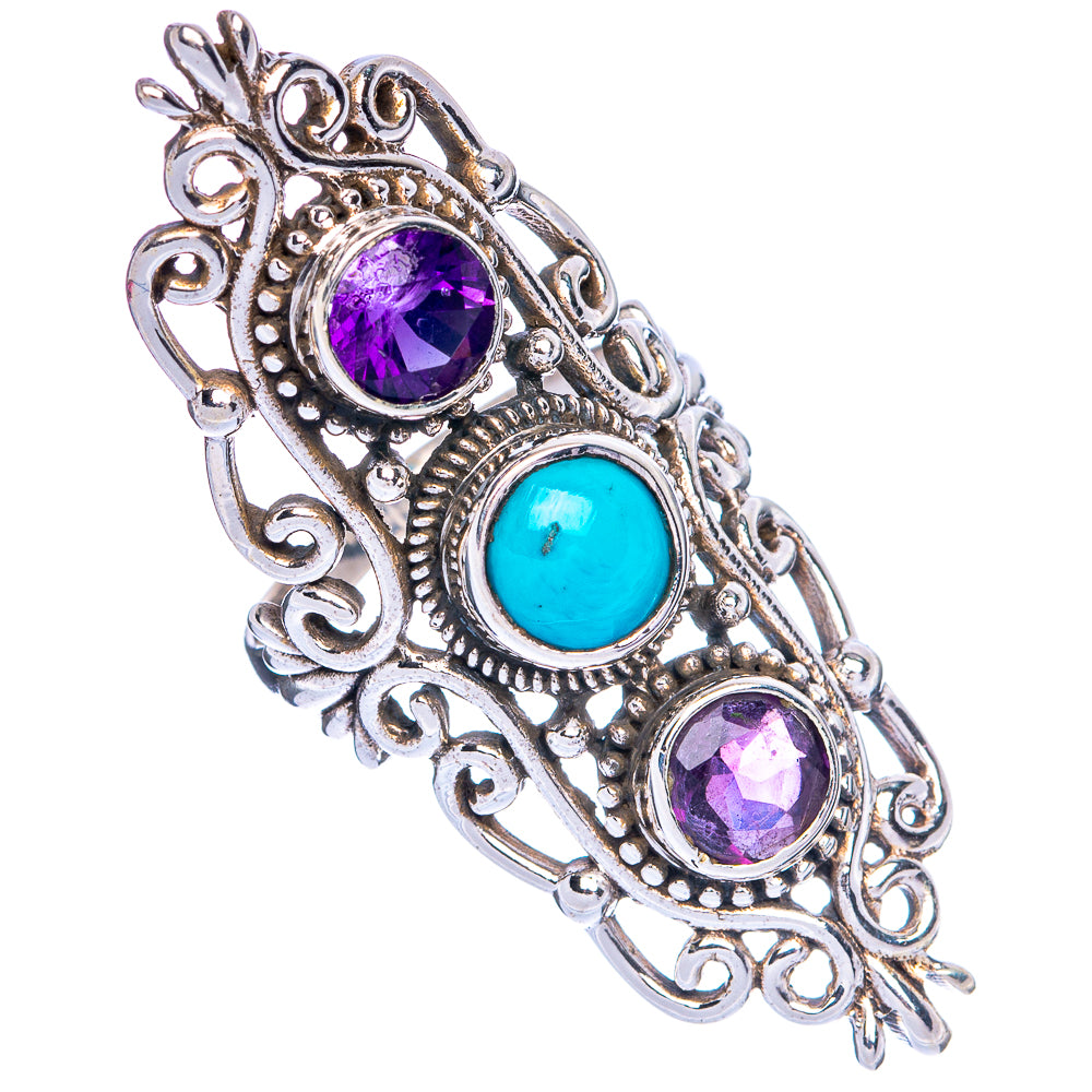 Silver filigree ring with purple amethyst and turquoise oval stones