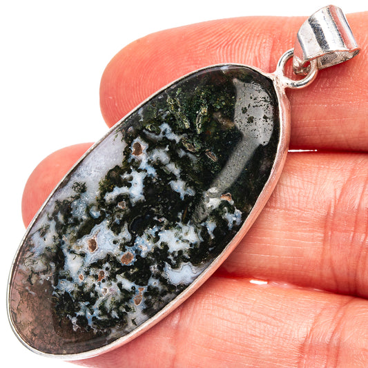 Silver-plated moss agate teardrop pendant with green, black, and gray mottled stone