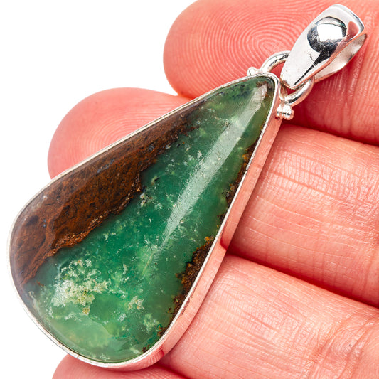 Boulder chrysoprase pendant, teardrop cabochon in green with sterling silver bezel