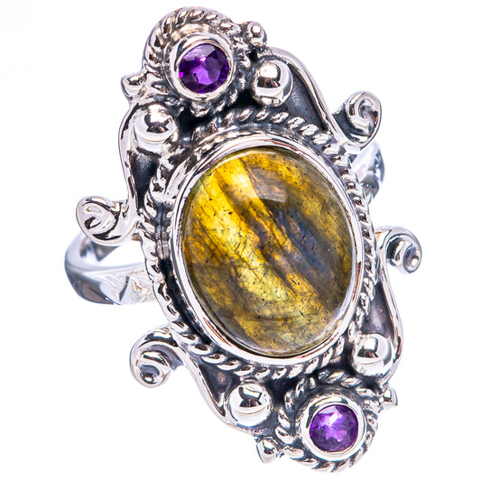 Sterling silver ring with oval labradorite, purple amethyst stones, ornate bezel