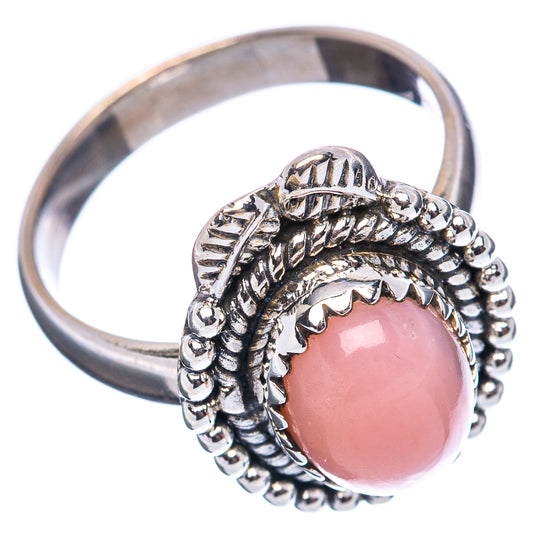 Pink opal sterling silver ring, oval pink cabochon with textured beaded shank