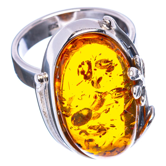Oval amber glass cabochon leaf ring in .925 sterling silver, adjustable band