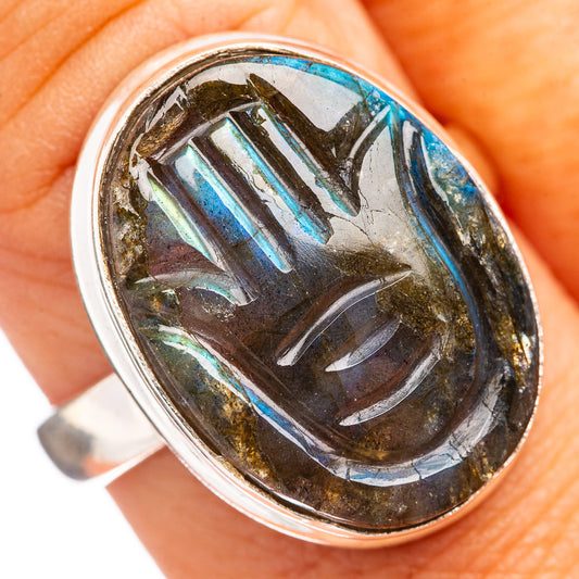 Size 9 .925 sterling silver labradorite ring with oval cabochon, blue iridescent flash