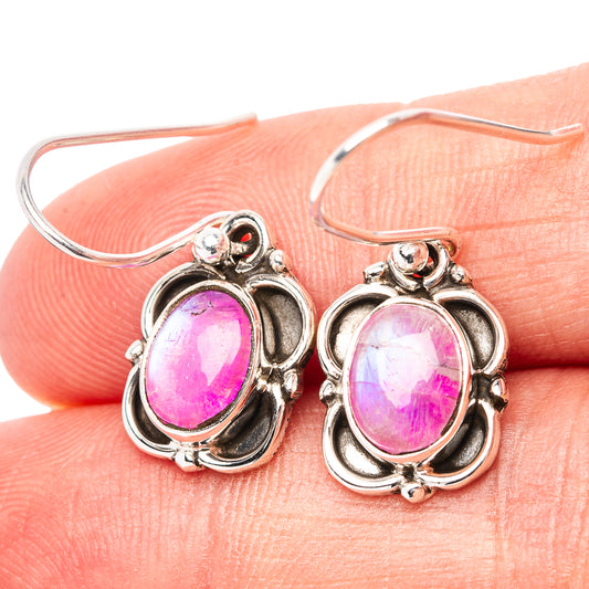 Pink moonstone drop earrings in .925 sterling silver with ornate oval frames