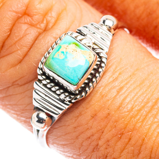 Sterling silver turquoise dainty ring, square bezel with stacked rope and beads