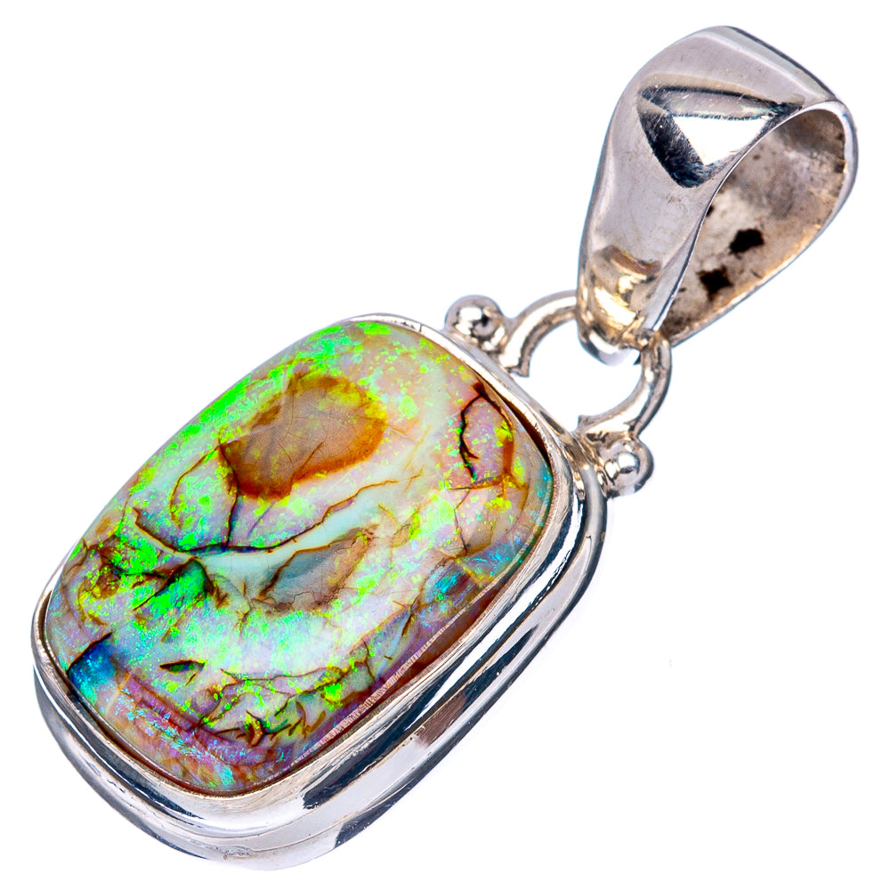 Sterling silver oval opal pendant with bright green-blue iridescent stone and bezel