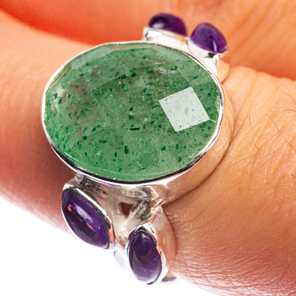 Silver ring with green aventurine oval cabochon and purple amethyst side stones