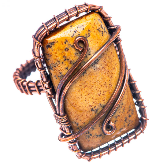 Oxidized copper wire wrap ring with picture jasper teardrop face, speckled yellow