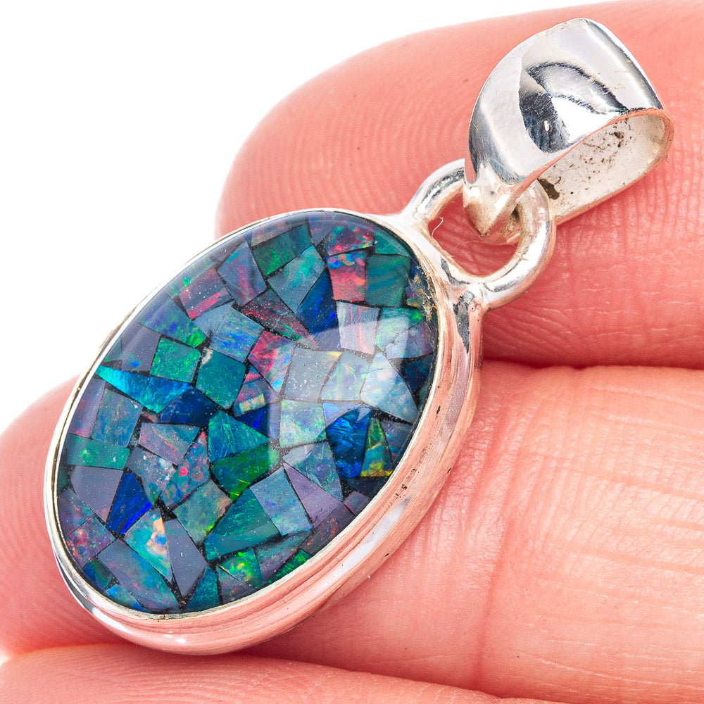 Sterling silver opal pendant with oval mosaic gemstone and open bail