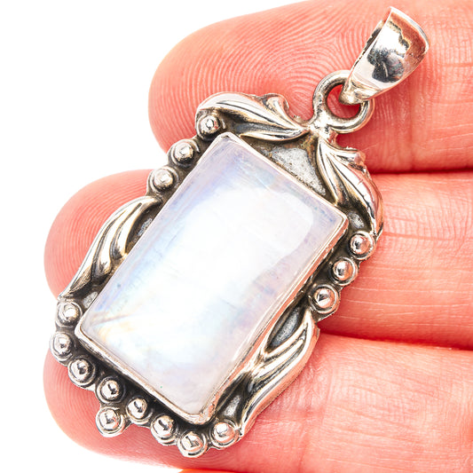 Sterling silver moonstone pendant with rectangular rainbow stone, on jump-ring bail