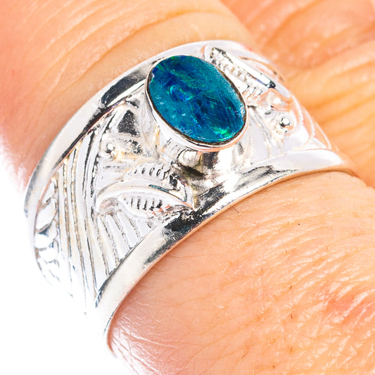 Sterling silver opal ring with blue doublet stone and engraved scrollwork, size 7.75