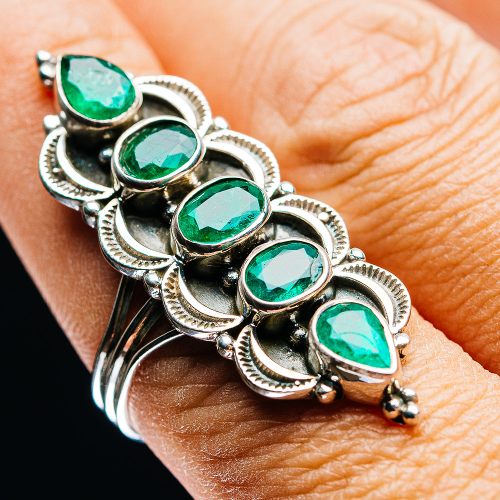 Exclusive 5-Gemstone Faceted Zambian Emerald Ring Size 9 (.925 Sterling Silver)
