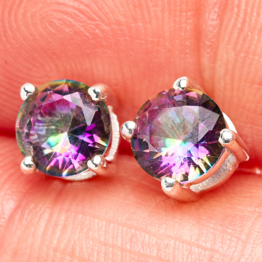 Mystic topaz stud earrings, round rainbow gemstone with four-prong sterling silver setting