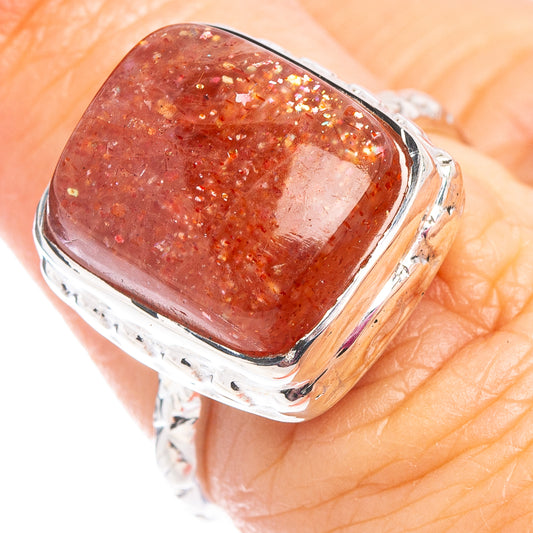 Sunstone cabochon ring, .925 sterling silver band with rectangular red-orange stone