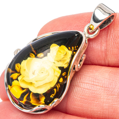 Amber Intaglio Rose Pendant 1 1/2" (925 Sterling Silver) P42555