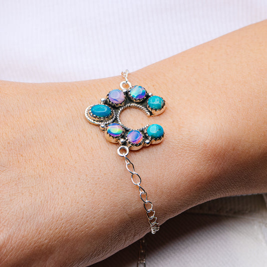 Southwestern Style Aurora Opal, Mohave Turquoise Bracelet 8 1/2" (.925 Sterling Silver)