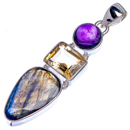 Sterling silver gemstone pendant with purple round stone, yellow faceted square, blue oval