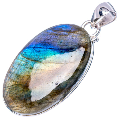 Oval labradorite pendant on silver bail, showing blue, teal, and gold flashes