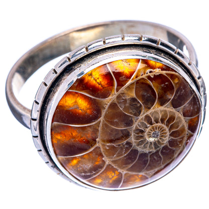 Ammonite fossil ring in 925 sterling silver, large round face with amber-brown fossil coils