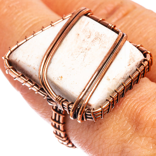 Oxidized copper tube agate wire wrap ring with framed off-white stone detail