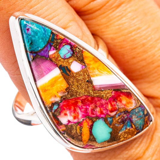 Sterling silver teardrop ring with multicolor mosaic resin in pink, turquoise, and orange