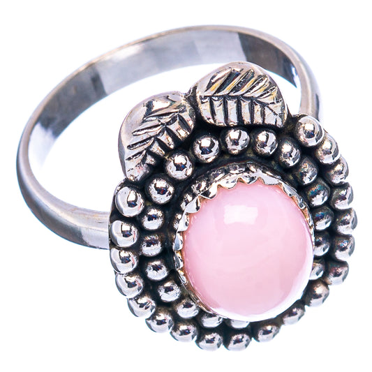 Sterling silver pink opal ring with leaf accents, beaded bezel, and plain band