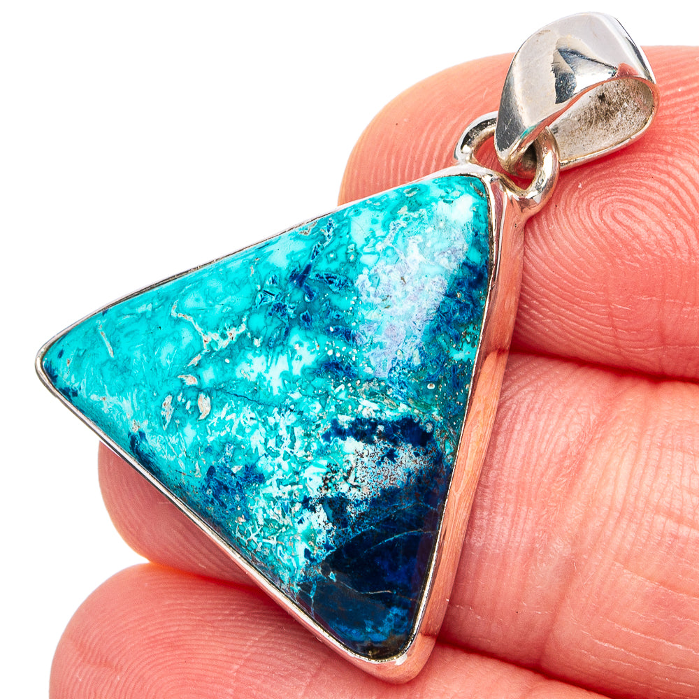 Shattuckite pendant: turquoise-blue triangular stone in .925 sterling silver bezel