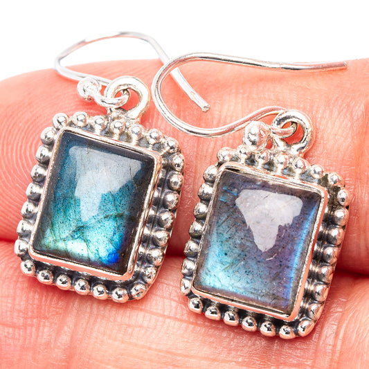 Labradorite earrings in .925 sterling silver, square blue flash stones with beaded edge