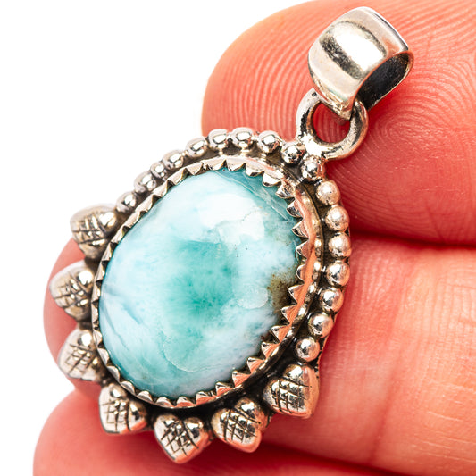 925 sterling silver larimar pendant with oval turquoise stone and ornate beaded frame