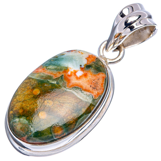 Sterling silver rhyolite pendant, oval cabochon with green, orange, and yellow speckles