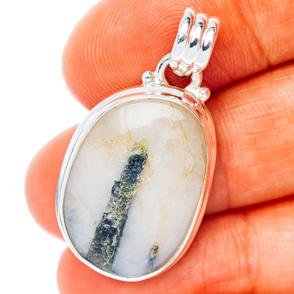 Green Tourmaline In Quartz Pendant 1 3/8" (.925 Sterling Silver)