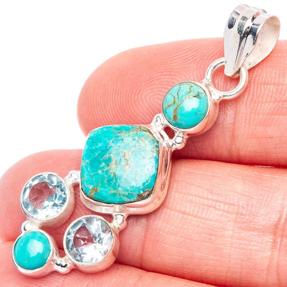 Rare Kingman Turquoise, Blue Topaz Pendant 1 3/4" (925 Sterling Silver) P41131