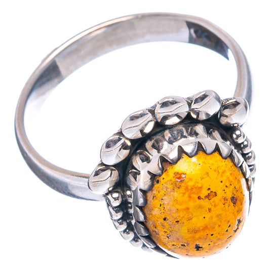 Sterling silver ring with round yellow speckled jasper stone and sculpted beaded band