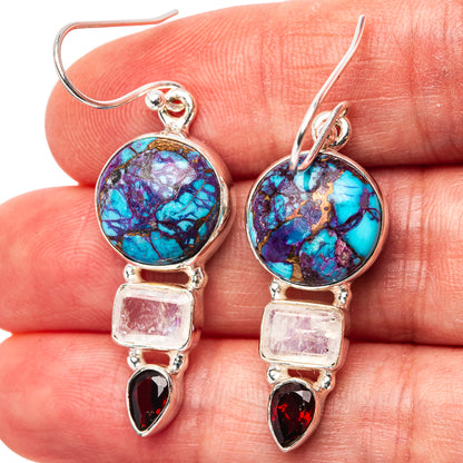 Premium Purple Copper Turquoise, Rainbow Moonstone, Garnet Earrings 1 3/4" (.925 Sterling Silver)