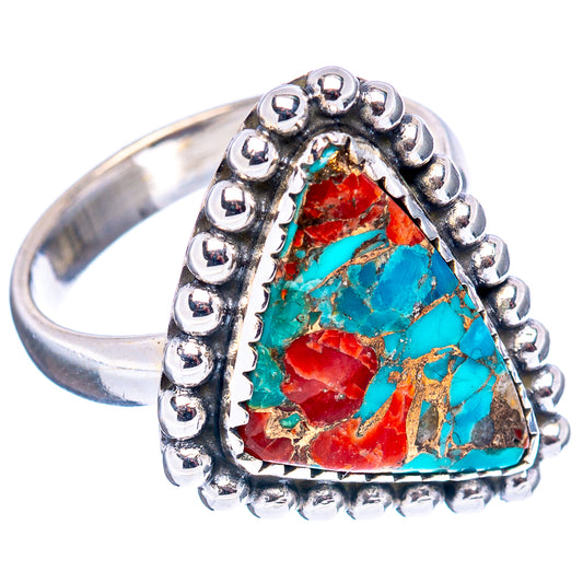 Sterling silver coral matrix ring with turquoise and red stone, beaded bezel