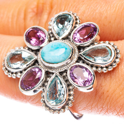 Larimar, Blue Topaz, Amethyst Large Flower Ring Size 9.25 (925 Sterling Silver) R3136
