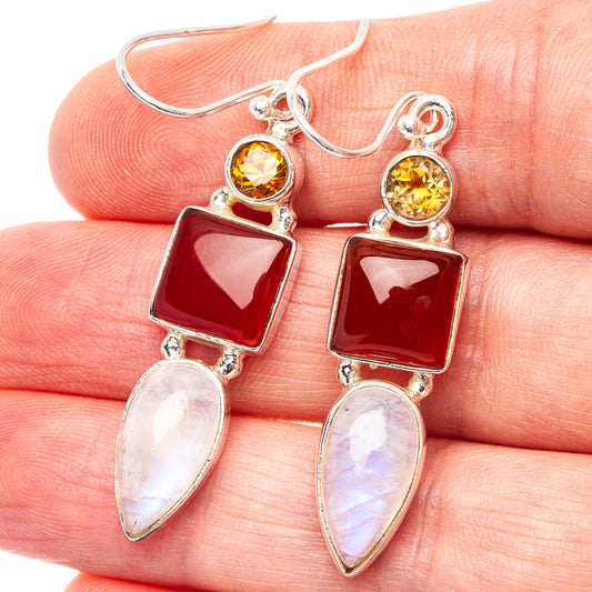 Sterling silver drop earrings: yellow round, red square, pale moonstone teardrops