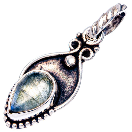 925 sterling silver labradorite pendant with blue shimmer teardrop stone, ornate bezel