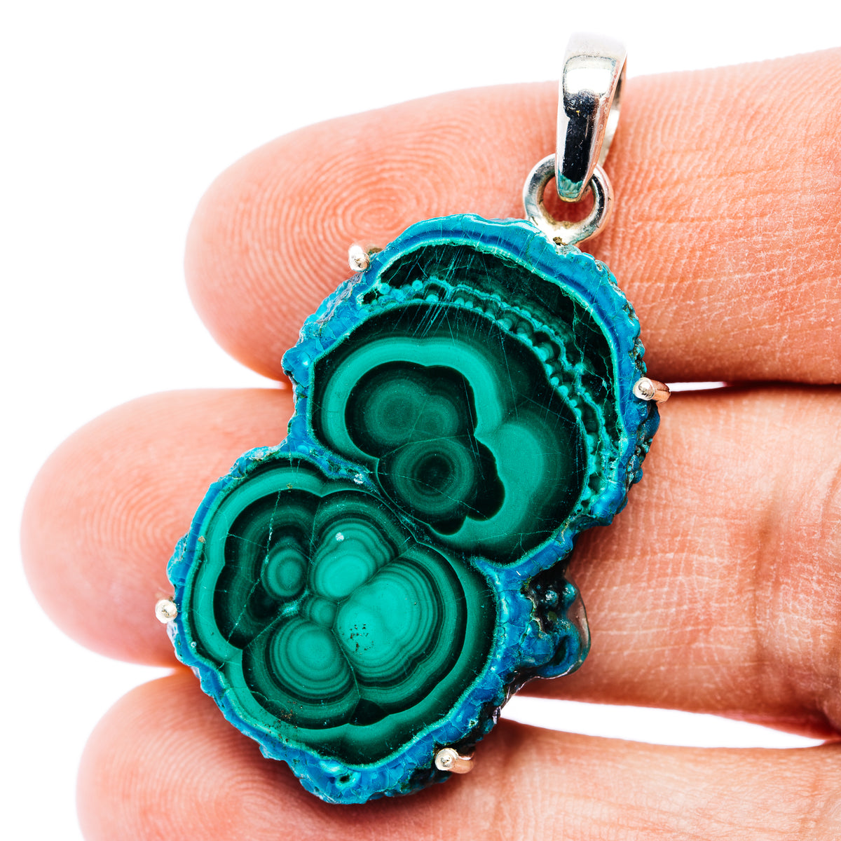 Chrysocolla In Malachite Slice Pendant 1 5/8" (.925 Sterling Silver)