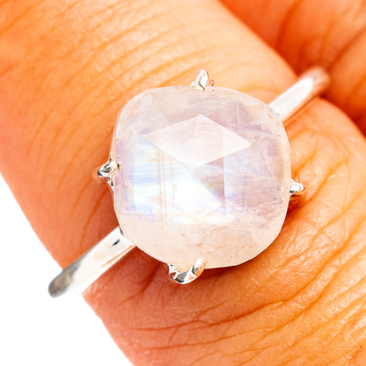 Oval moonstone ring with rainbow iridescence, 4 prong .925 sterling silver band