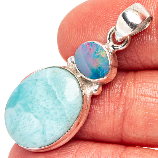 Sterling silver pendant with oval light-blue stone and multicolor opal accent