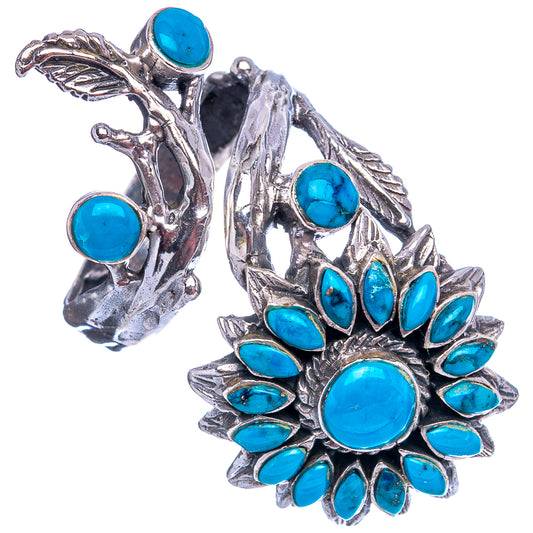 Kingman turquoise flower ring, large center round stone with teardrop petals, .925 silver